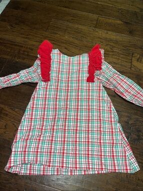 Girls Red & Green Plaid Ruffle-Shoulder Dress by
